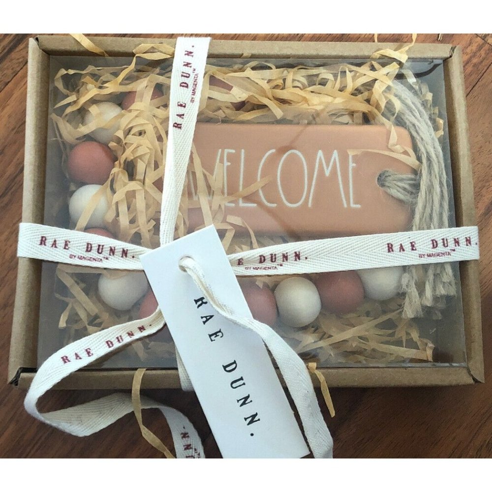 NEW! Rae Dunn Farmhouse Wood Beads Orange &‎ White WELCOME Charm Fall Decor